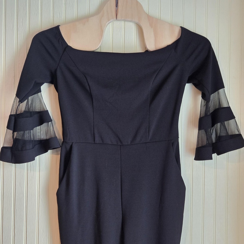 PremierAmour Jumpsuit Womens 12 Black Sheer Bell Sleeve Slim Leg Pockets Formal